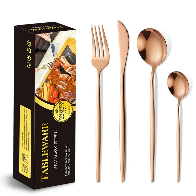 Tacamuri portugheze, set din 24 de piese din otel inoxidabil, 6 cutie, 6 furculite, 6 linguri de masa, 6 linguri pentru ceai, gold [2]