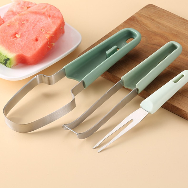 Taietor decojitor pentru pepene, pentru legume si fructe, multifunctional, set din 3 parti, otel inoxidabil si plastic pp, 22.5 x 7 cm verde [6]