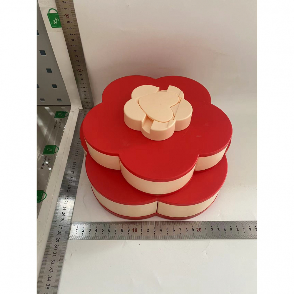 Tava pentru servire, pentru fructe / legume / snackuri, cu sertare, deschidere rotativa, pe 2 straturi, in forma de floare, 26 x 26 x 11.5 cm roz [2]