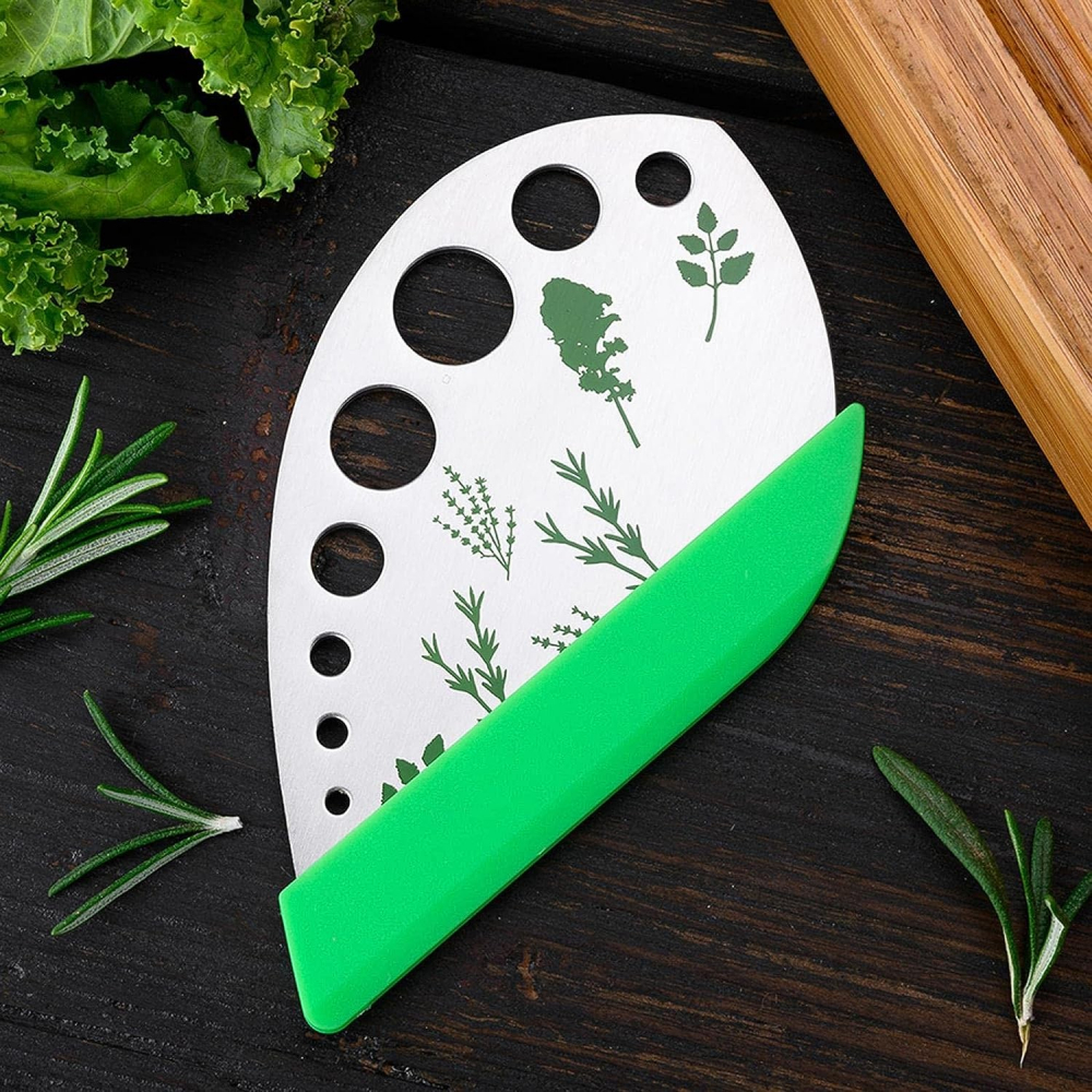 Tocator manual pentru ierburi  instrument de curatat frunze, margini ascutie, 9 gauri de diferite dimensiuni, multifunctional, material otel inoxidabil, maner ergonomic, rezistent la rugina, 12.3 x 6.9 cm, argintiu [4]