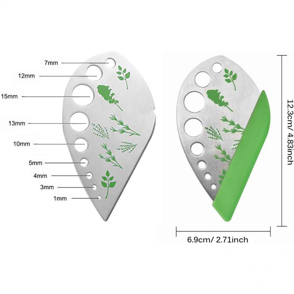 Tocator manual pentru ierburi  instrument de curatat frunze, margini ascutie, 9 gauri de diferite dimensiuni, multifunctional, material otel inoxidabil, maner ergonomic, rezistent la rugina, 12.3 x 6.9 cm, argintiu [8]