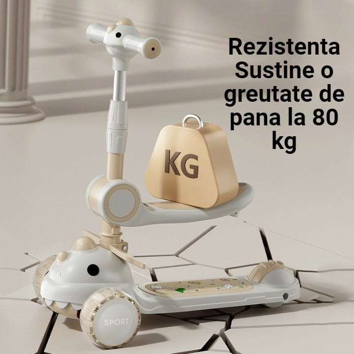Trotineta multifunctionala 6 in 1, pentru copii de la 10 luni pana la 12 ani, cu maner de impingere, reglabil 360, pliere usoara, reglarea inaltimii, model dinozaur, alb/bej [5]