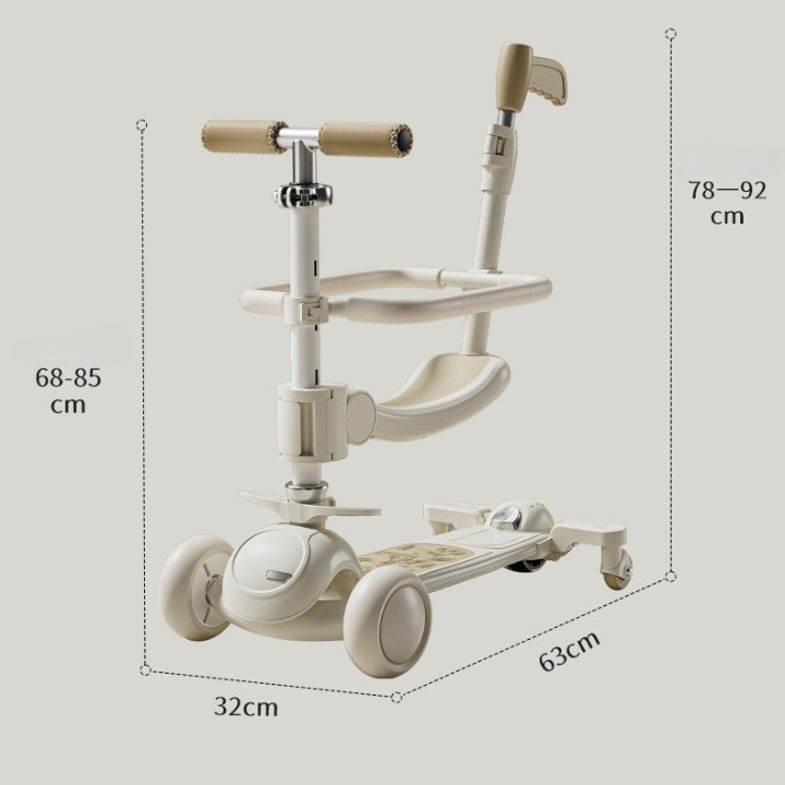 Trotineta tip carucior pentru copii 7in1, pliabila, ghidon reglabil, parti detasabile, lumini led, muzica, suport pentru picioare, alb [4]