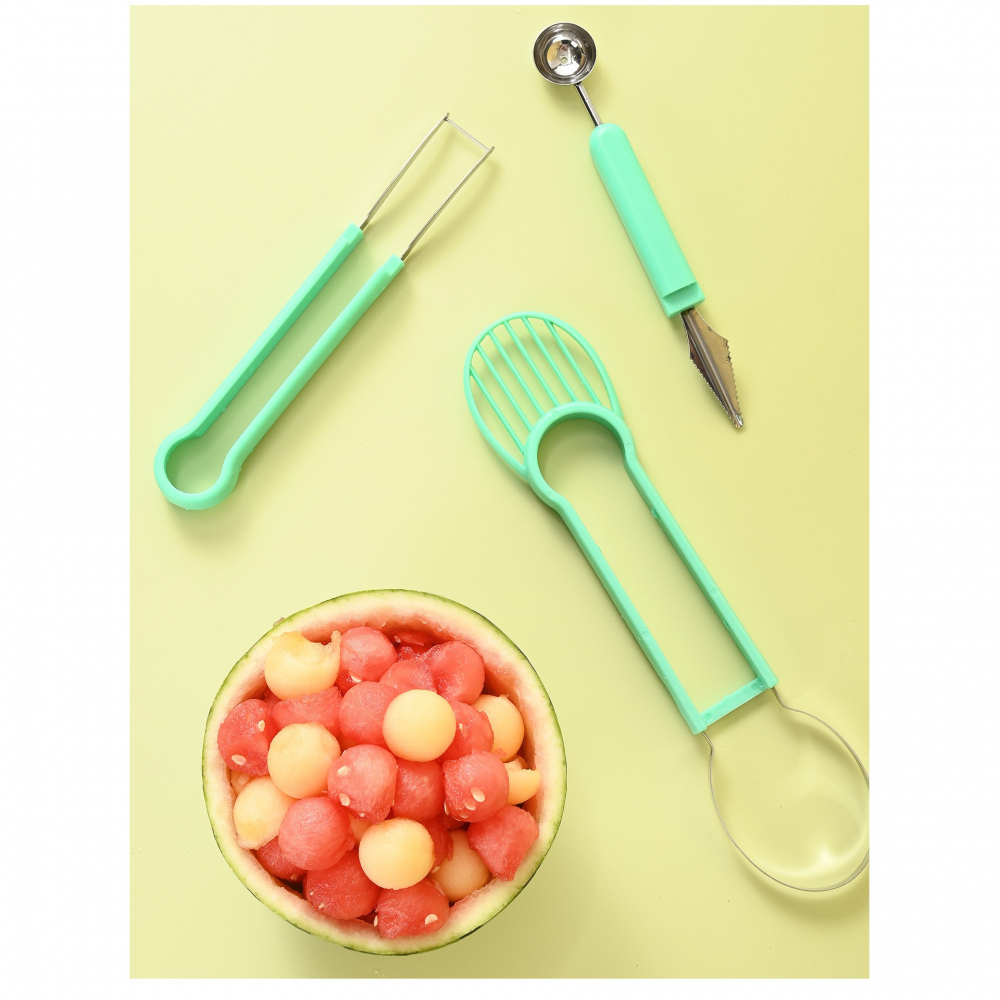 Ustensila bucatarie 4 in 1 pentru taiat si decorat fructe  material inox si plastic, compact, 28x6.2 cm, verde [2]