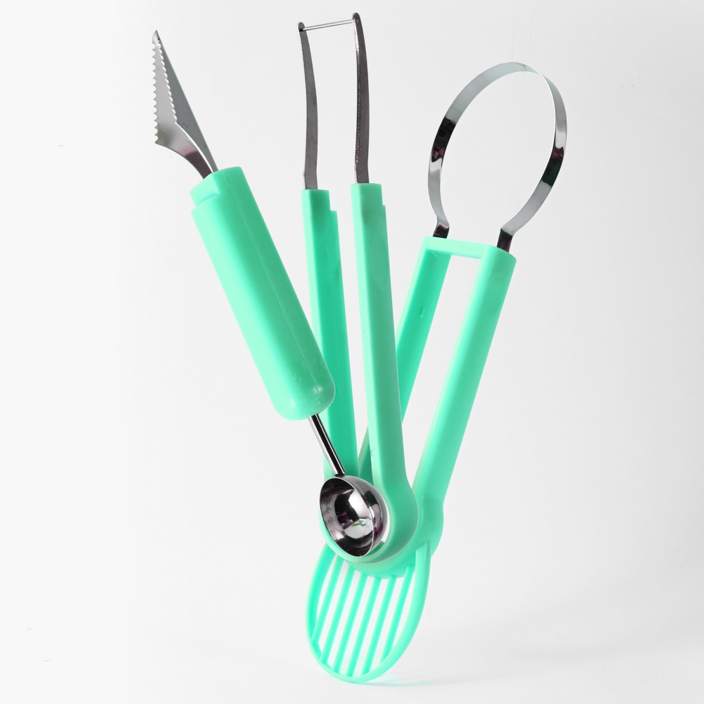 Ustensila bucatarie 4 in 1 pentru taiat si decorat fructe  material inox si plastic, compact, 28x6.2 cm, verde [5]
