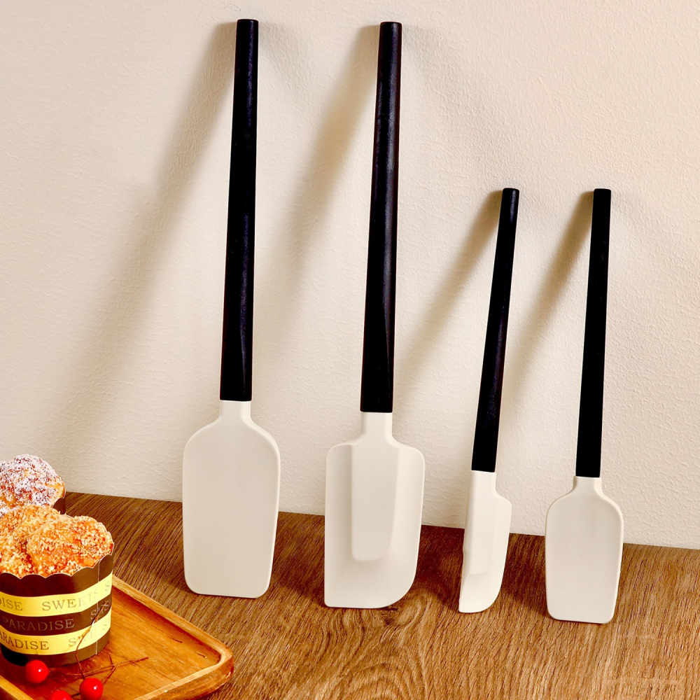 Ustensile de bucatarie, set din 4 bucati, din silicon si lemn, spatule de diferite dimensiuni, termo rezistente, antiaderente, instrument de amestecat in bucatarie, alb-negru [2]