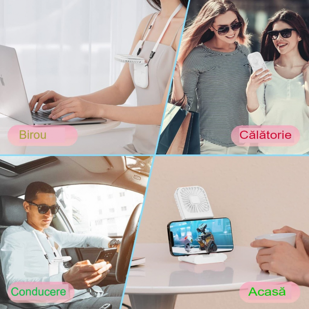 Ventilator portabil 3 in 1, de mana, de gat, de birou, 16.7 x 8 x 1.9 cm, 3 trepte de viteza, incarcare usb, pliabil, afisaj digital, suport telefon, alb [6]