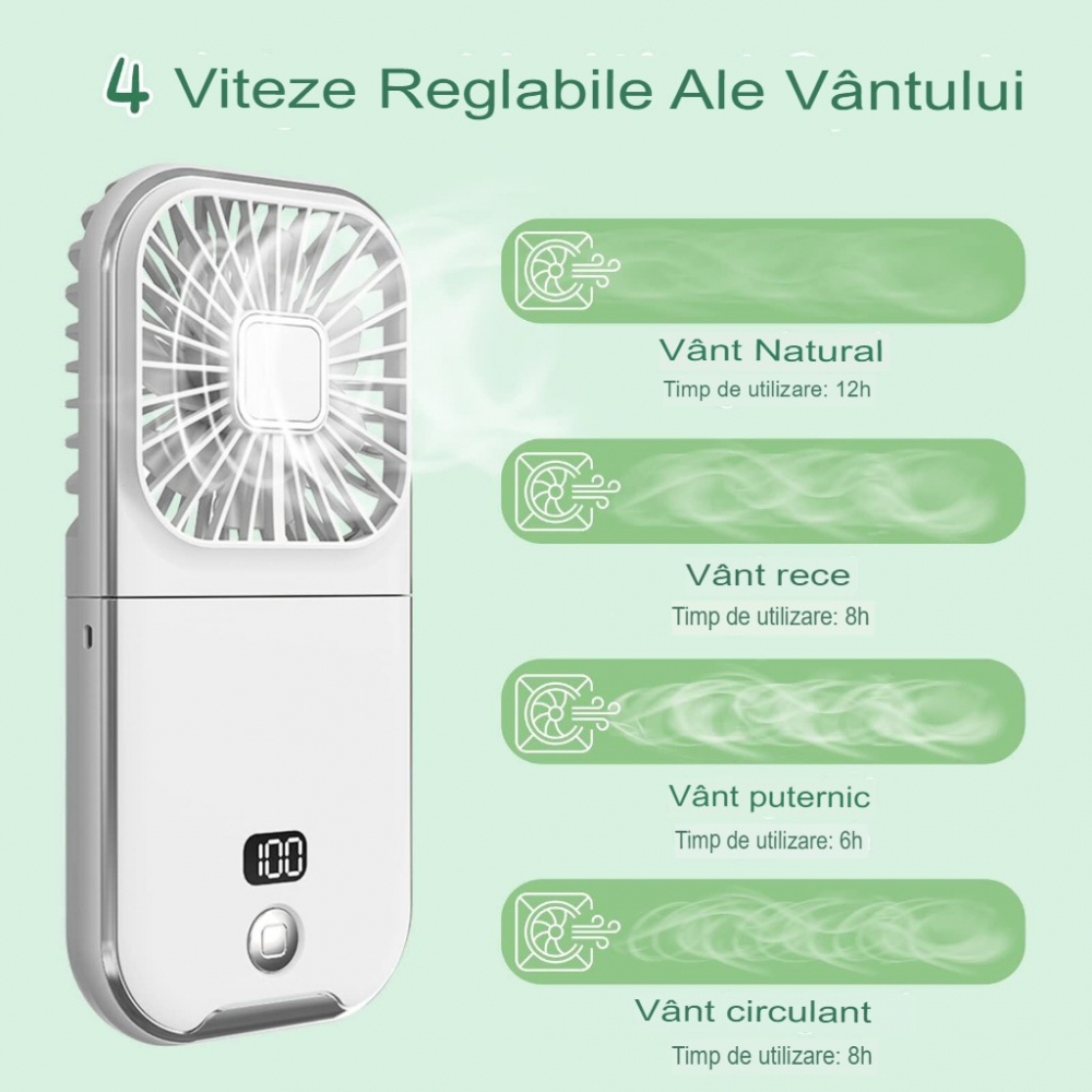 Ventilator portabil 3 in 1, de mana, de gat, de birou, 16.7 x 8 x 1.9 cm, 3 trepte de viteza, incarcare usb, pliabil, afisaj digital, suport telefon, alb [5]