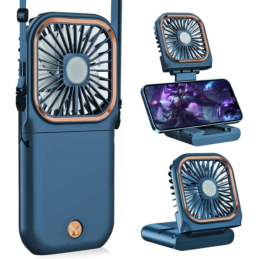 Ventilator portabil 3 in 1, de mana, de gat, de birou, 16.7 x 8 x 1.9 cm, 3 trepte de viteza, incarcare usb, pliabil, afisaj digital, suport telefon, albastru [2]