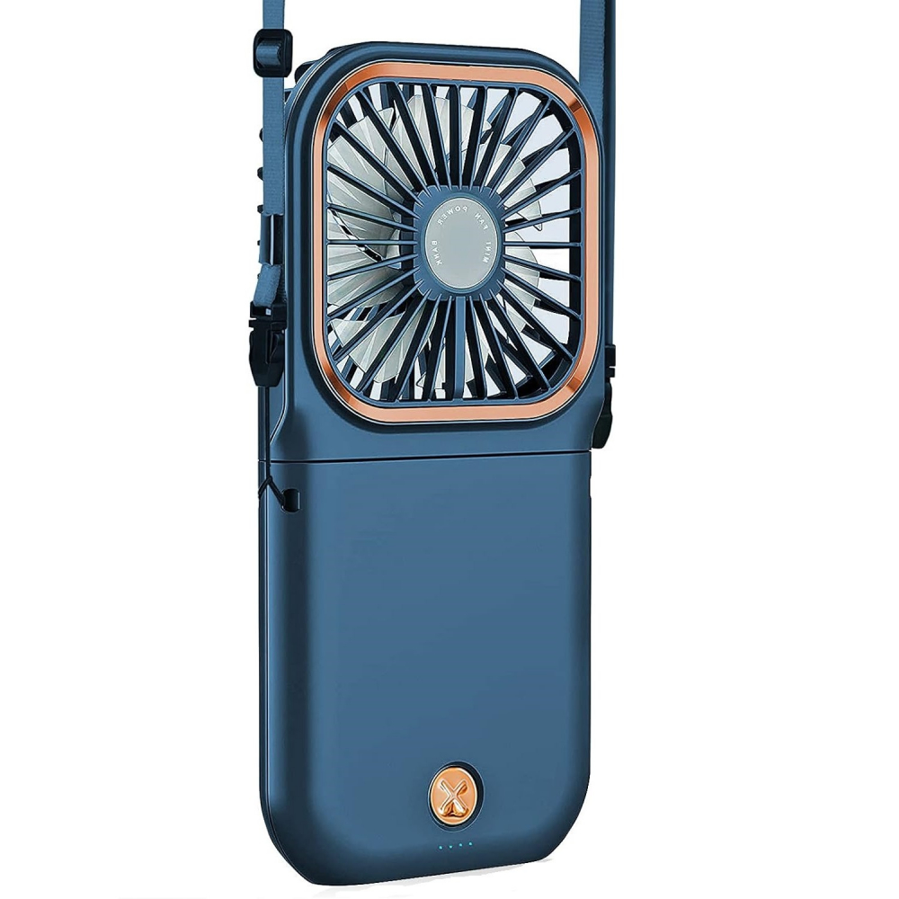 Ventilator portabil 3 in 1, de mana, de gat, de birou, 16.7 x 8 x 1.9 cm, 3 trepte de viteza, incarcare usb, pliabil, afisaj digital, suport telefon, albastru [3]