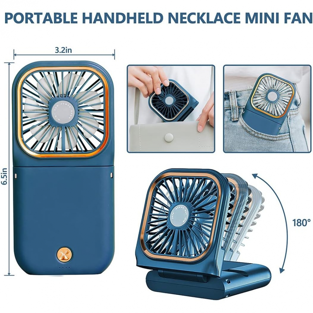 Ventilator portabil 3 in 1, de mana, de gat, de birou, 16.7 x 8 x 1.9 cm, 3 trepte de viteza, incarcare usb, pliabil, afisaj digital, suport telefon, albastru [6]