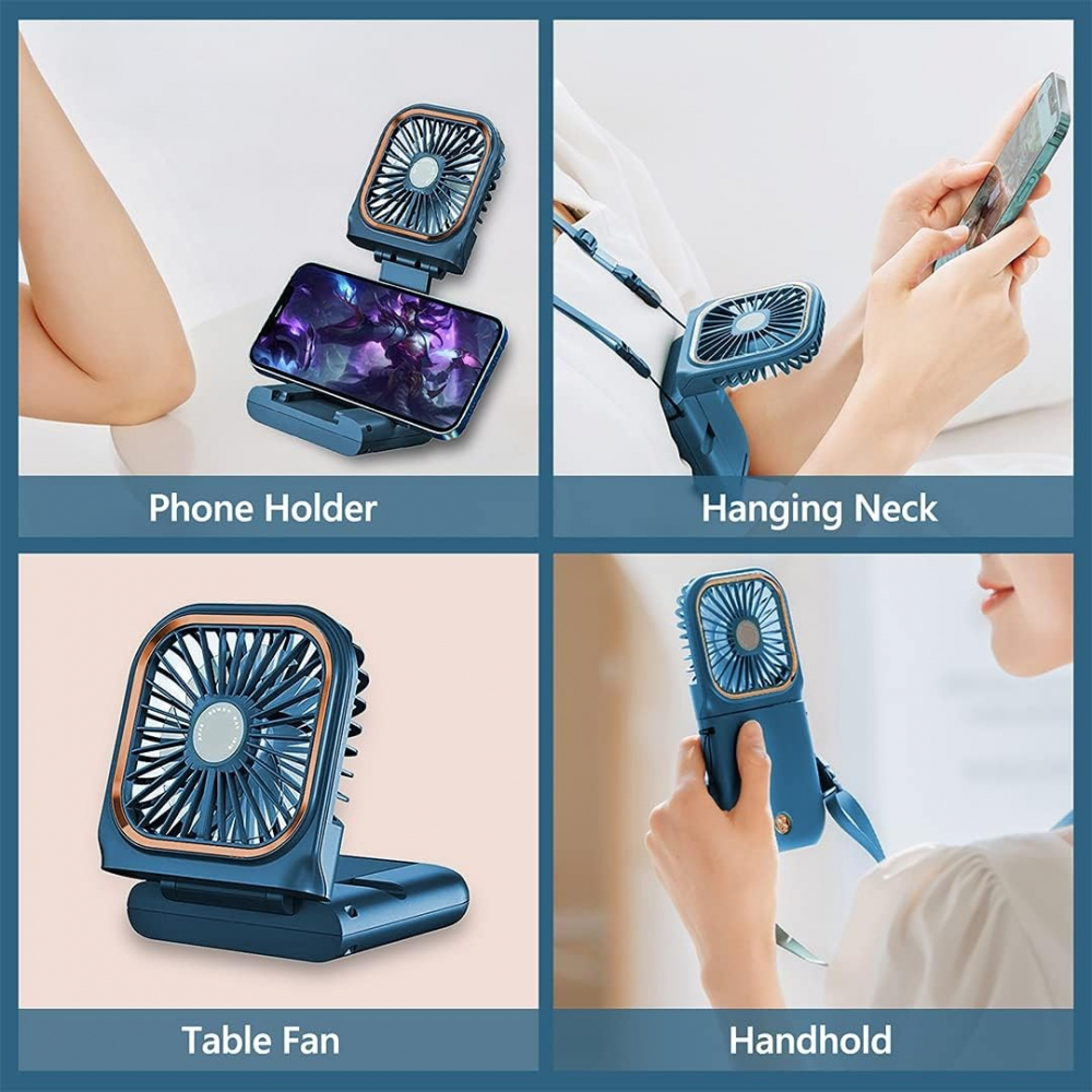 Ventilator portabil 3 in 1, de mana, de gat, de birou, 16.7 x 8 x 1.9 cm, 3 trepte de viteza, incarcare usb, pliabil, afisaj digital, suport telefon, albastru [5]