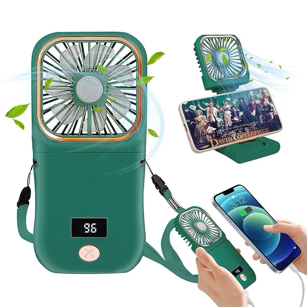 Ventilator portabil 3 in 1, de mana, de gat, de birou, 16.7 x 8 x 1.9 cm, 3 trepte de viteza, incarcare usb, pliabil, afisaj digital, suport telefon, verde [3]