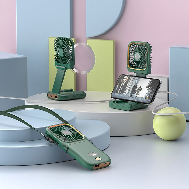 Ventilator portabil 3 in 1, de mana, de gat, de birou, 16.7 x 8 x 1.9 cm, 3 trepte de viteza, incarcare usb, pliabil, afisaj digital, suport telefon, verde [4]
