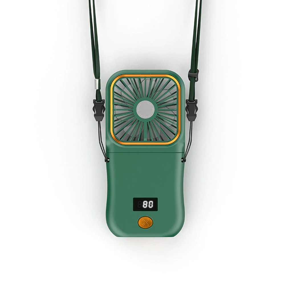 Ventilator portabil 3 in 1, de mana, de gat, de birou, 16.7 x 8 x 1.9 cm, 3 trepte de viteza, incarcare usb, pliabil, afisaj digital, suport telefon, verde [2]