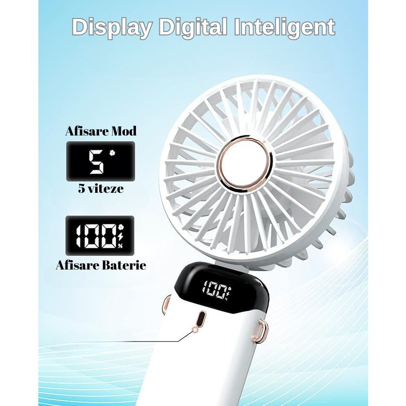 Ventilator ultra portabil cu aromaterapie, 3 in 1, de mana, de birou, de gat, 5 trepte de viteza, incarcare usb, autonomie 12h, pliabil, cu ecran lcd, alb [6]