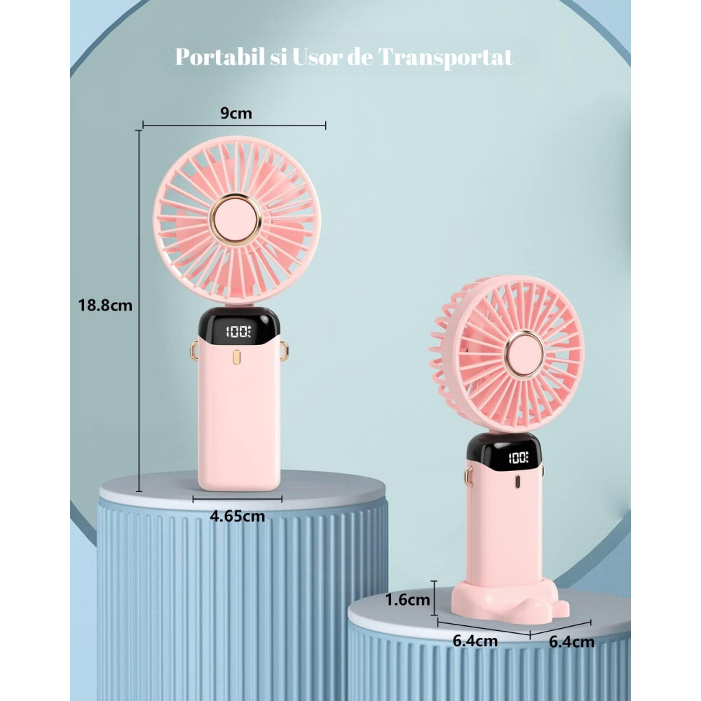 Ventilator ultra portabil cu aromaterapie, 3 in 1, de mana, de birou, de gat, 5 trepte de viteza, incarcare usb, autonomie 12h, pliabil, cu ecran lcd, roz [6]