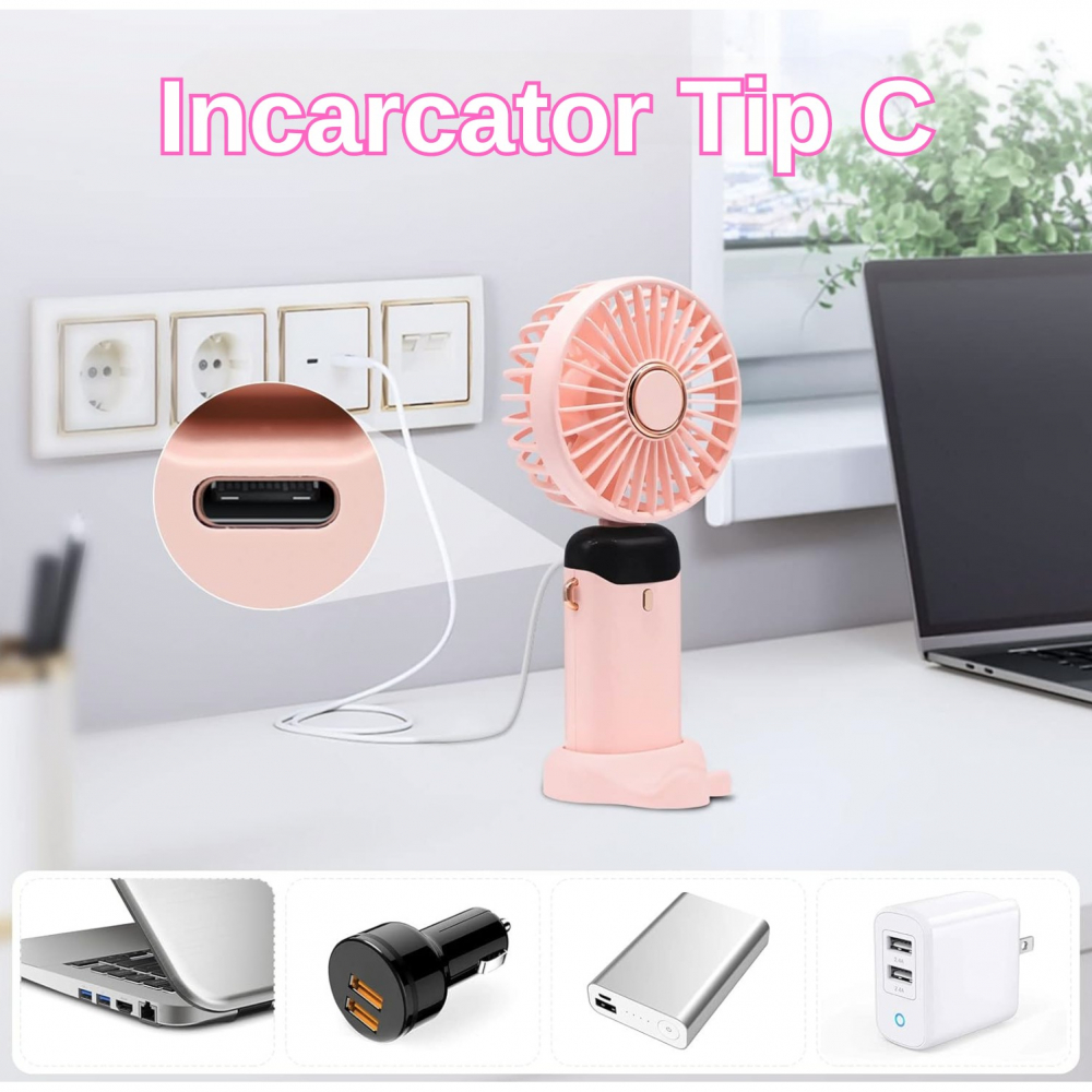 Ventilator ultra portabil cu aromaterapie, 3 in 1, de mana, de birou, de gat, 5 trepte de viteza, incarcare usb, autonomie 12h, pliabil, cu ecran lcd, roz [4]