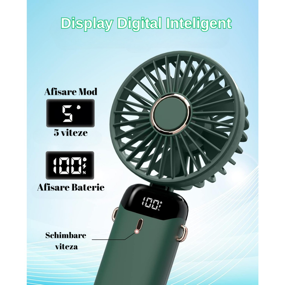 Ventilator ultra portabil cu aromaterapie, 3 in 1, de mana, de birou, de gat, 5 trepte de viteza, incarcare usb, autonomie 12h, pliabil, cu ecran lcd, verde [5]