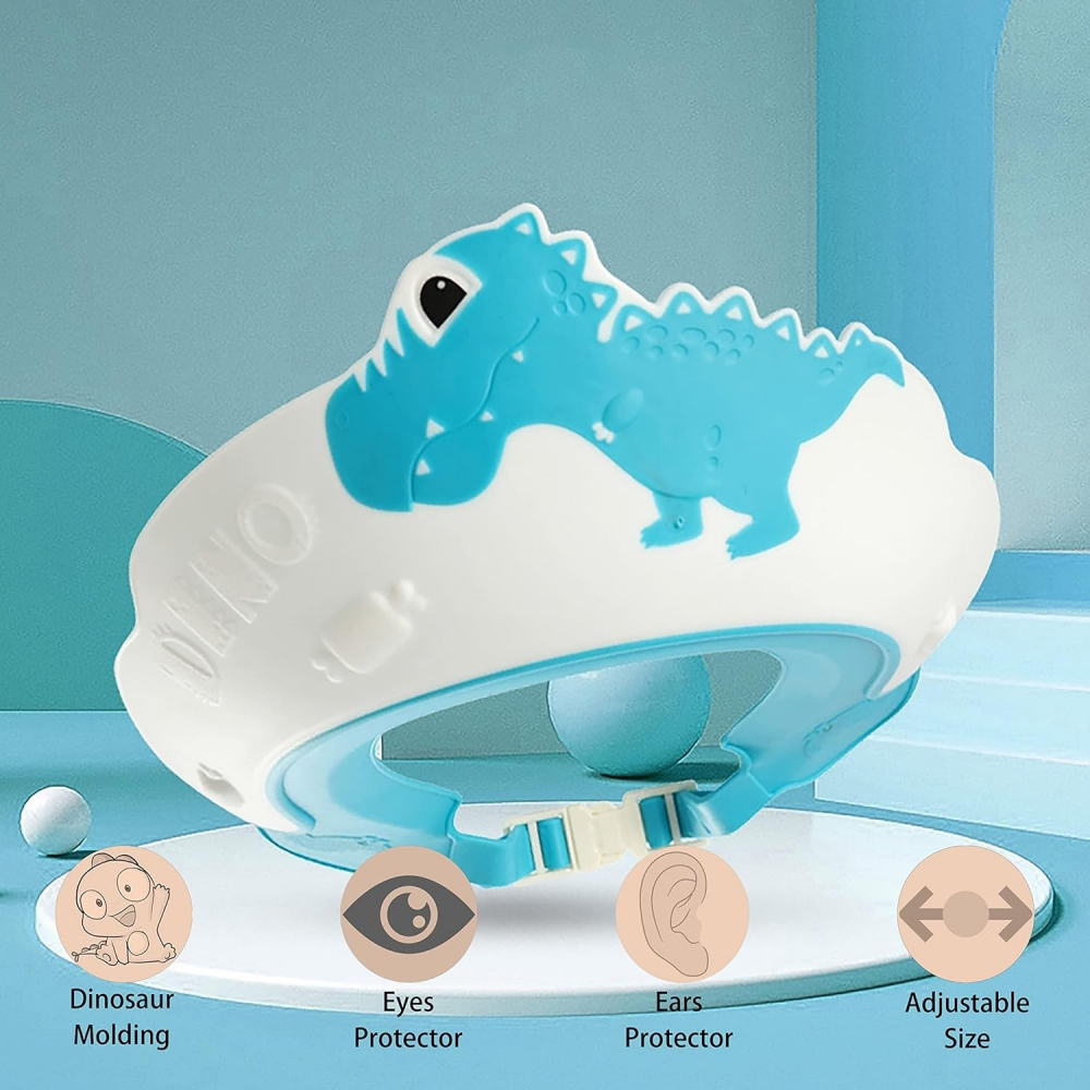Viziera de protectie baie pentru copii, fippy, model dinozaur, dimensiune ajustabila, durabil, usor de curatat, impotriva samponului, pentru ochi si urechi, tpe+pp, 22x21 cm, albastru [2]