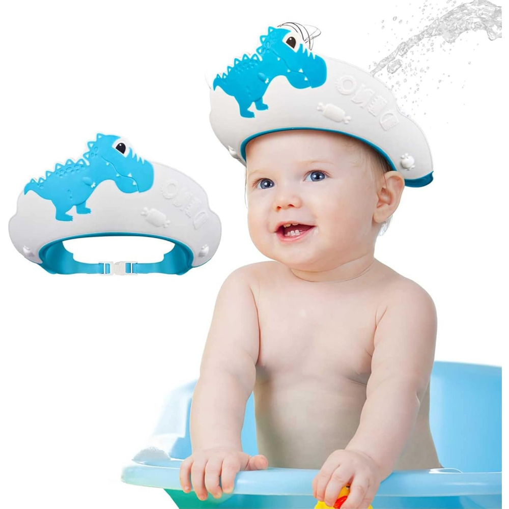 Viziera de protectie baie pentru copii, fippy, model dinozaur, dimensiune ajustabila, durabil, usor de curatat, impotriva samponului, pentru ochi si urechi, tpe+pp, 22x21 cm, albastru [4]