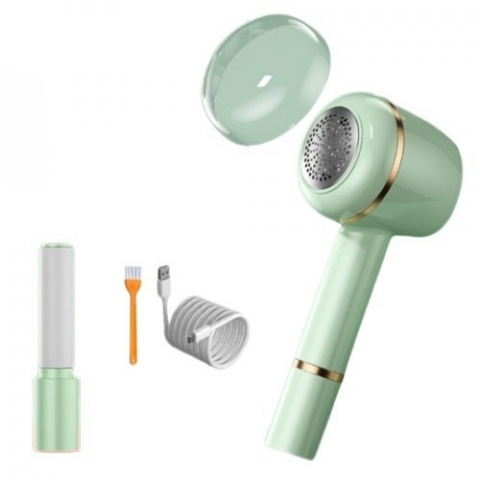 Aparat pentru curatat scame, par si praf, pentru diferite tipuri de material, cu lame din otel inoxidabil, incarcare prin usb type-c, cu perie de curatare, cablu usb si stick cu lipici incluse, verde, 220 x 86 mm