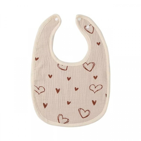 Favorite - Baveta in forma de u, din bumbac, pentru copii 0-12 luni, rezistenta la apa, cu capse, model cu inimoare,  21x30 cm, bej