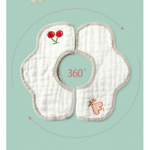Baveta tip floare, din bumbac, pentru copii 0-12 luni, rezistenta la apa, 8 straturi, model tricotat cu cirese, 26 x 29 cm, alb [4]