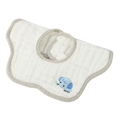 Promo rapid - Baveta tip floare, din bumbac, pentru copii 0-12 luni, rezistenta la apa, 8 straturi, model tricotat cu elefantel, 26 x 29 cm, alb