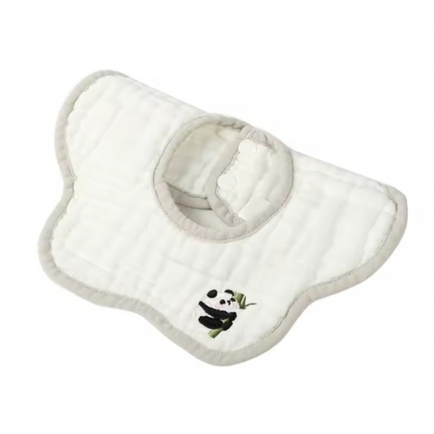 Promo rapid - Baveta tip floare, din bumbac, pentru copii 0-12 luni, rezistenta la apa, 8 straturi, model tricotat cu panda, 26 x 29 cm, alb