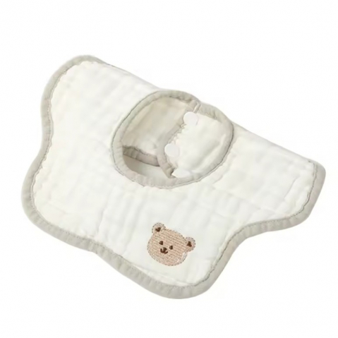 Promo rapid - Baveta tip floare, din bumbac, pentru copii 0-12 luni, rezistenta la apa, 8 straturi, model tricotat cu ursulet, 26 x 29 cm, alb