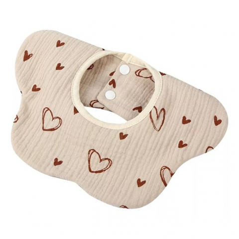 Promo rapid - Baveta tip floare, din bumbac, pentru copii 0-12 luni, rezistenta la apa, cu capse, model cu inimioare, 26 x 29 cm, crem