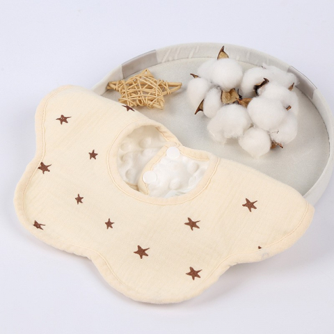 Baveta tip floare, din bumbac, pentru copii 0-12 luni, rezistenta la apa, cu capse, model cu stelute, 26 x 29 cm, crem [3]