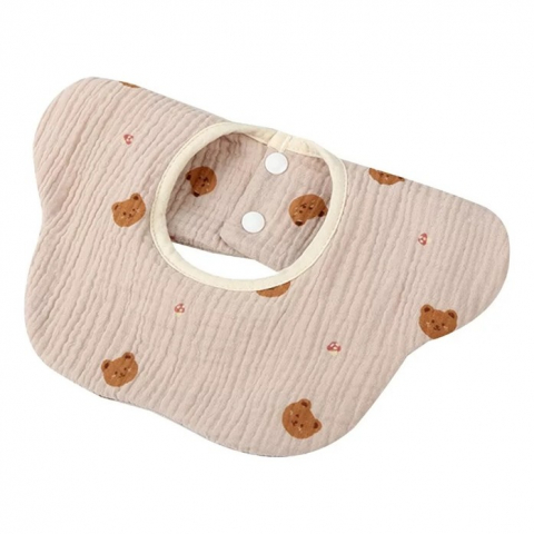 Promo rapid - Baveta tip floare, din bumbac, pentru copii 0-12 luni, rezistenta la apa, cu capse, model cu ursuleti, 26 x 29 cm, crem