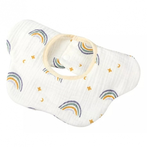Promo rapid - Baveta tip floare, din bumbac, pentru copii 0-12 luni, rezistenta la apa, cu capse, model curcubeu, 26 x 29 cm, alb