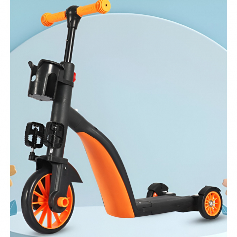 Bicicleta 8 in 1, transformabila, multifunctionala, reglare inaltime, cu maner de impingere detasabil, tricicleta, trotineta, 3 roti, pedale, cosulet, 3-6 ani, portocaliu [3]