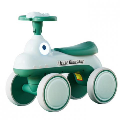 Triciclete, mașinuțe și accesorii pentru transportul copiilor - Bicicleta pentru copii, fara pedale, cu patru roti, din plastic rezistent, fara bpa, cu muzica si lumini, model dinozaur, 50x27x40 cm, verde
