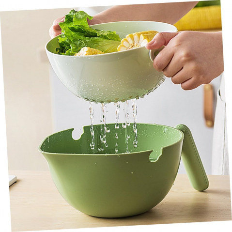 Bol cu doua straturi, pentru fructe, legume, cu cos de scurgere a apei, 2l, din abs+pp, 29.9 x 22.5 x 11.8 cm, verde-alb [2]