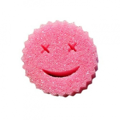 Accesorii și ustensile in bucatarie - Burete de vase, rotund, din burete pu, model smiley face, doua fete, 10 x 4 cm, roz/galben