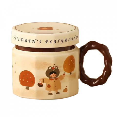 Accesorii și ustensile in bucatarie - Cana din ceramica, cana pentru cafea, ceai, cana universala, unisex, cana cu capac, 9 x 8 x 8 cm, 400 ml, model fetita, bej