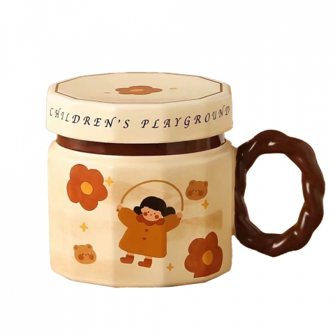 Accesorii și ustensile in bucatarie - Cana din ceramica, cana pentru cafea, ceai, cana universala, unisex, cana cu capac, 9 x 8 x 8 cm, 400 ml, model fetita cu coarda, bej