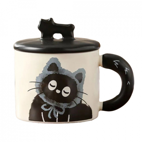 Organizatoare si accesorii pentru bucatarie - Cana din ceramica, model in cutie pentru cadou, cana pentru ceai, cafea, cana retro design capac cu figurina 3d, 9.5 x 8 x 8 cm, 360 ml, bej, print pisica albastru negru