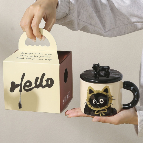 Cana din ceramica, model in cutie pentru cadou, cana pentru ceai, cafea, cana retro design capac cu figurina 3d, 9.5 x 8 x 8 cm, 360 ml, bej, print pisica galben negru [2]