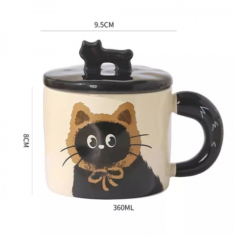 Cana din ceramica, model in cutie pentru cadou, cana pentru ceai, cafea, cana retro design capac cu figurina 3d, 9.5 x 8 x 8 cm, 360 ml, bej, print pisica maro negru [2]
