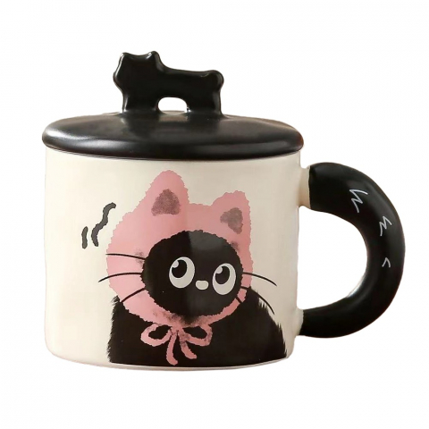 Accesorii și ustensile in bucatarie - Cana din ceramica, model in cutie pentru cadou, cana pentru ceai, cafea, cana retro design capac cu figurina 3d, 9.5 x 8 x 8 cm, 360 ml, bej, print pisica roz negru
