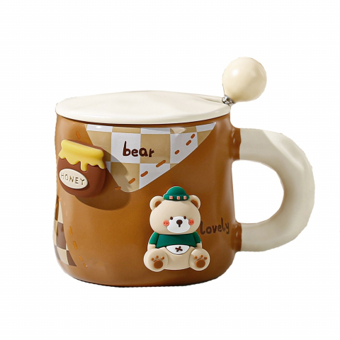 Accesorii și ustensile in bucatarie - Cana din ceramica, model urs pentru baieti, cana universala, cana pentru ceai, cana cu lingura metalica si capac, 9.6 x 9.5 x 9.5 cm, 400 ml maro