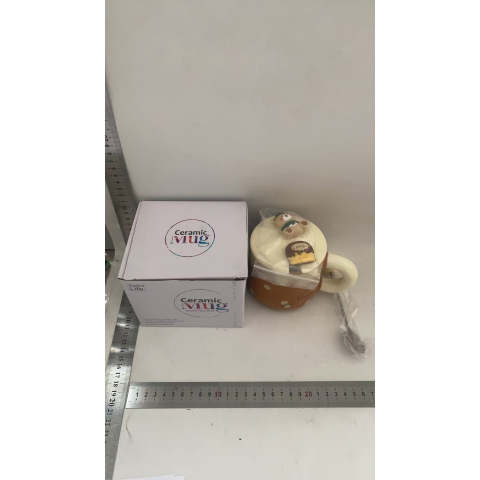 Cana din ceramica, model urs pentru baieti, cana universala, cana pentru ceai, cana cu lingura metalica si capac, 9.6 x  9.5 x 9.5 cm, 400 ml maro inchis [2]