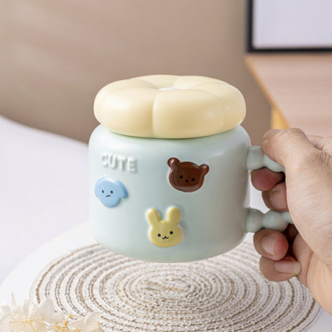 Cana pentru copii, din portelan, print figurine animalute, model cute, cana cu capac, ceasca pentru cafea, ceai, 400ml albastru deschis [2]