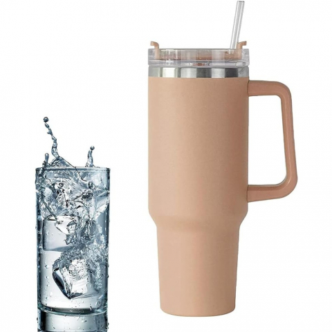 Cana termos din plastic, pentru bauturi calde si reci, cu maner, 9.9x9.9x27 cm, roz pal [4]