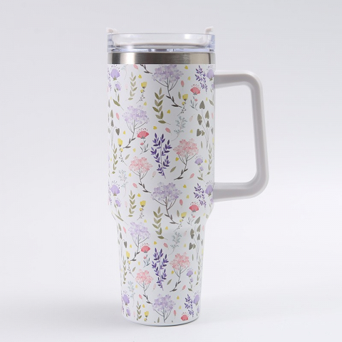 Cana termos din plastic, pentru bauturi calde si reci, cu maner, imprimeu floral,  alb, 10x7.6x27.5 cm [5]